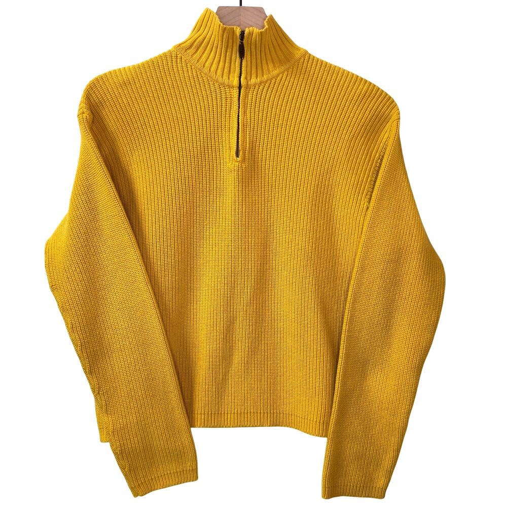 Quarter Zip Ribbed Sweater Women's M Cotton Mock Neck Crop Butter Yellow Preppy